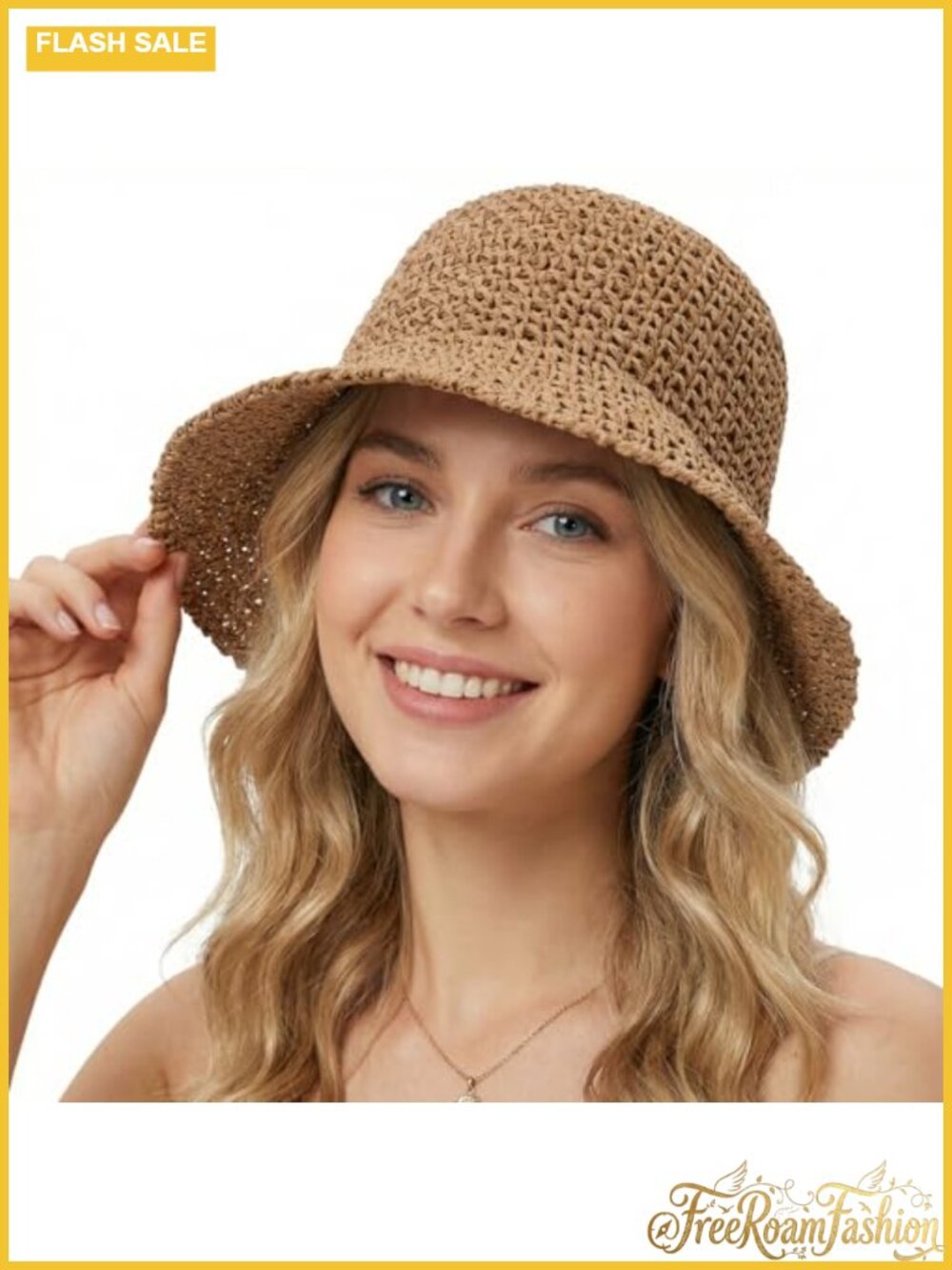Packable Straw Bucket Sun Hat Wide Brim Adjustable Travel Beach